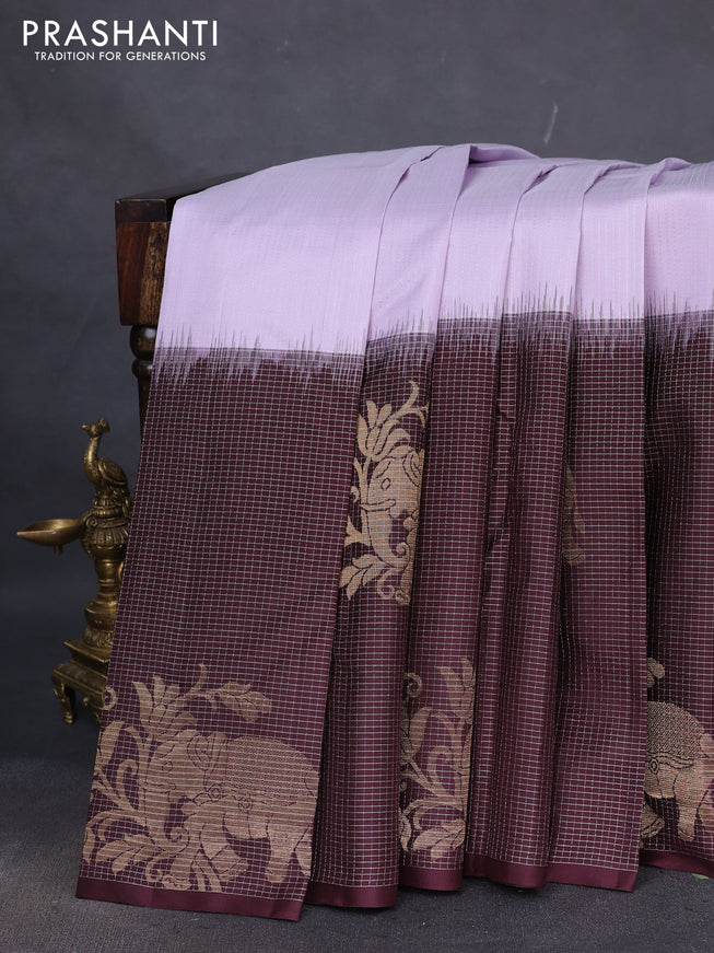 Pure soft silk saree pastel lavender and wine shade with allover zari weaves and long zari woven border