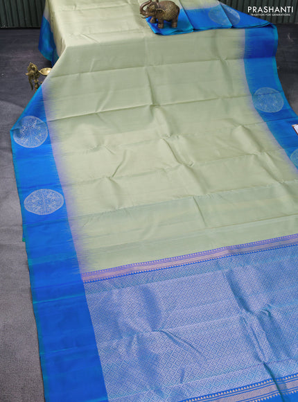 Pure soft silk saree pastel green and dual shade of blue with allover zari weaves and zari woven butta border