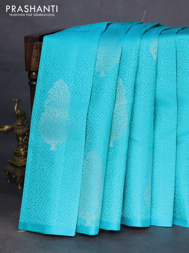 Pure soft silk saree teal blue and dual shade of pinkish orange with allover self emboss in borderless style