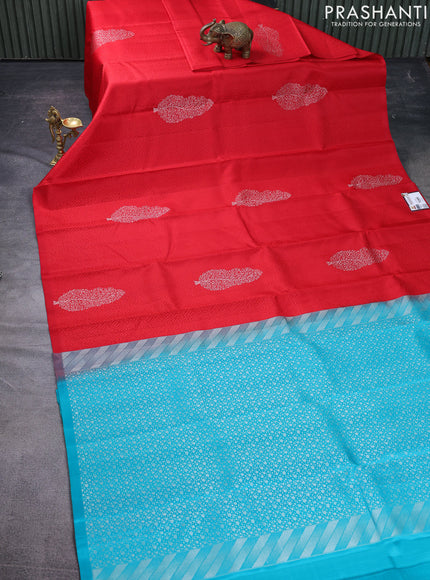 Pure soft silk saree red and teal blue with allover self emboss & zari buttas in borderless style