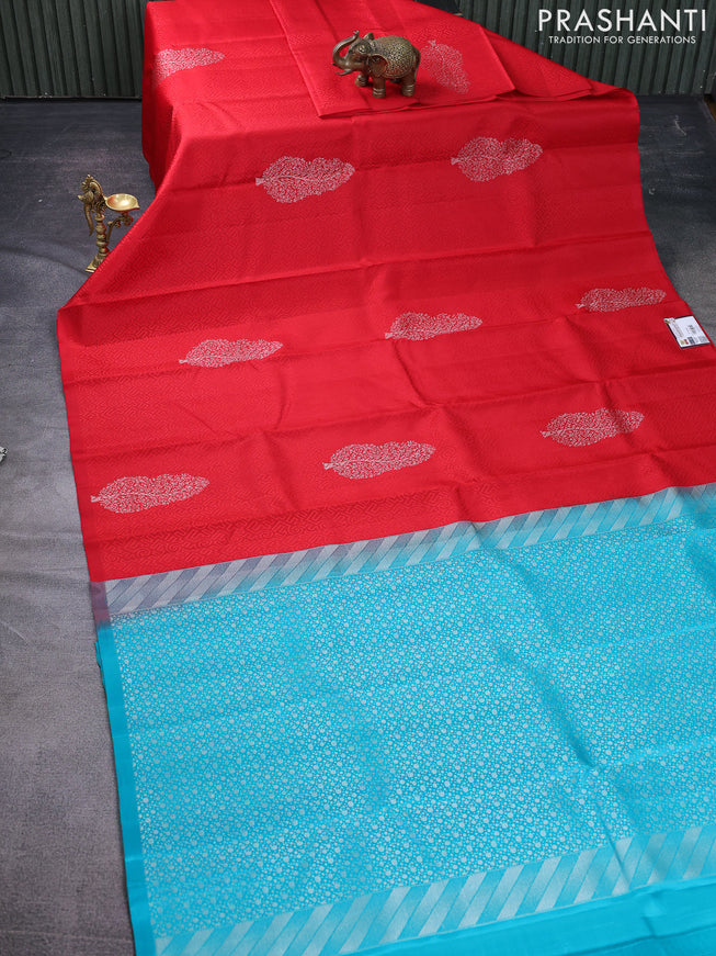 Pure soft silk saree red and teal blue with allover self emboss & zari buttas in borderless style