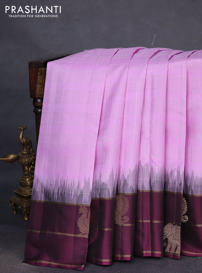 Pure soft silk saree light pink and wine shade with allover silver zari checks and zari woven border