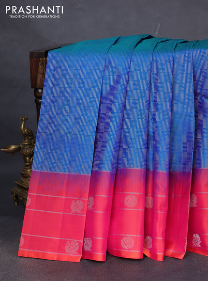 Pure soft silk saree dual shade of blue and dual shade of pinkish orange with allover silver zari weaves and zari woven butta border