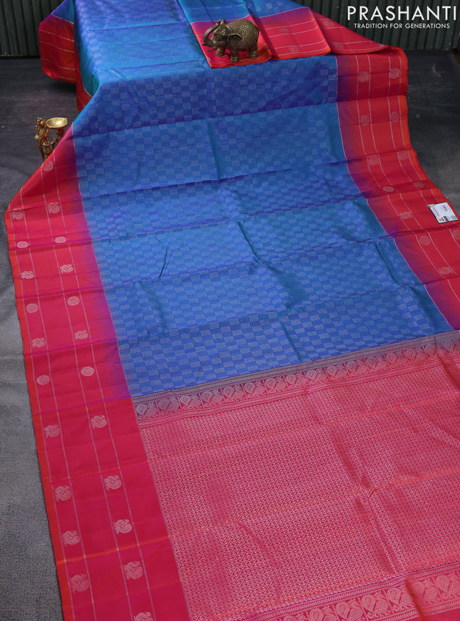 Pure soft silk saree dual shade of blue and dual shade of pinkish orange with allover silver zari weaves and zari woven butta border