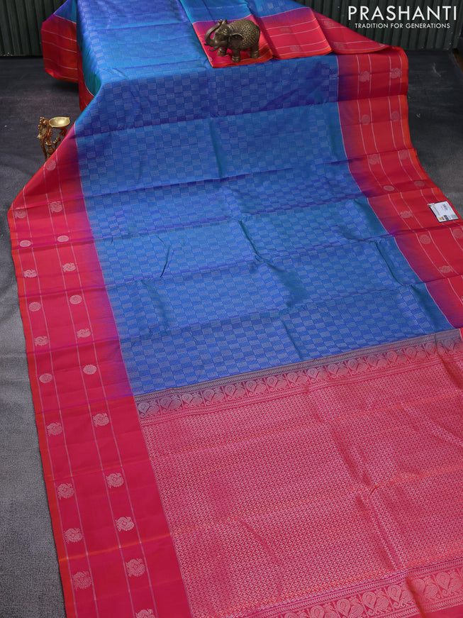 Pure soft silk saree dual shade of blue and dual shade of pinkish orange with allover silver zari weaves and zari woven butta border