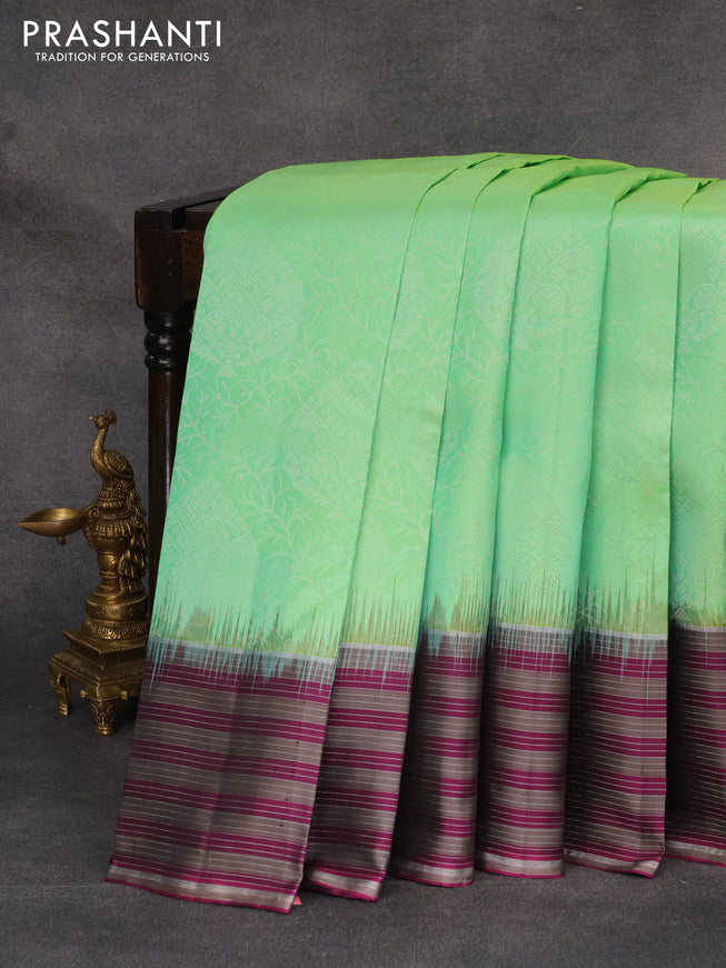 Pure soft silk saree light green and purple with allover silver zari woven brocade weaves and zari line border