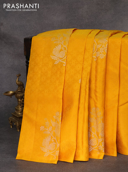 Pure soft silk saree mustard yellow and teal blue with allover self emboss in borderless style