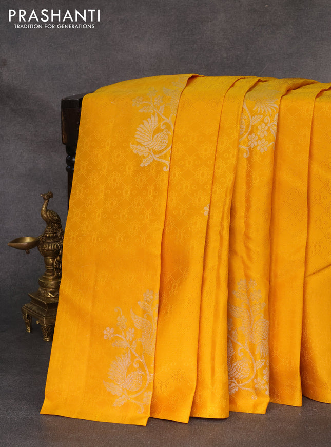 Pure soft silk saree mustard yellow and teal blue with allover self emboss in borderless style