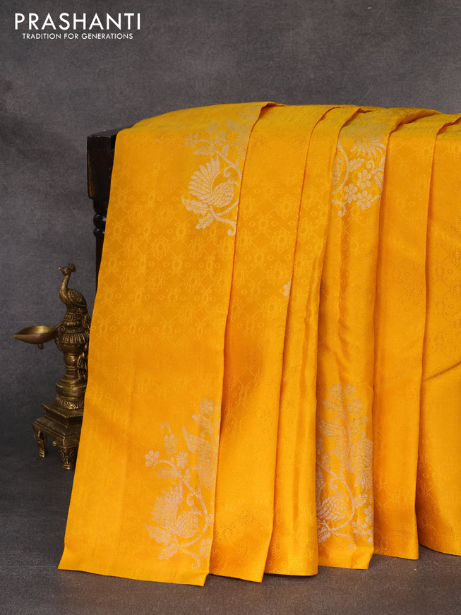 Pure soft silk saree mustard yellow and teal blue with allover self emboss in borderless style