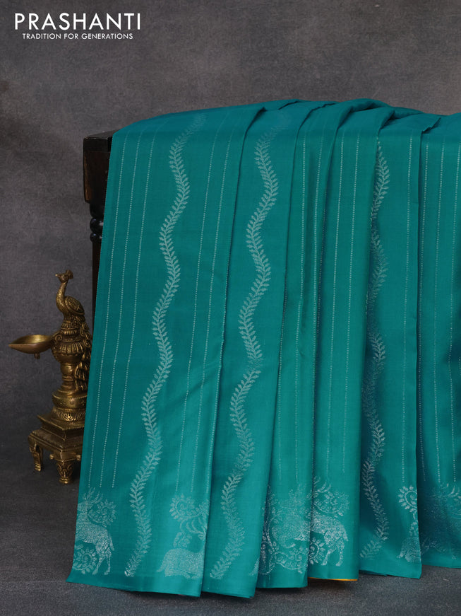 Pure soft silk saree teal blue and mango yellow with allover silver zari weaves in borderless style