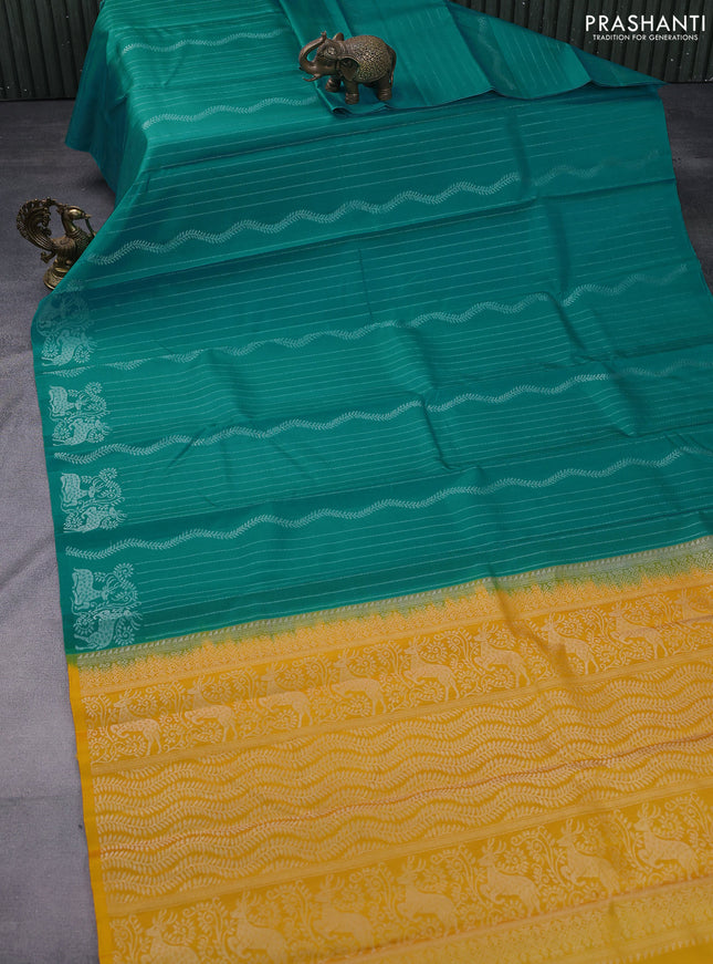 Pure soft silk saree teal blue and mango yellow with allover silver zari weaves in borderless style