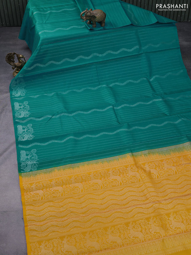 Pure soft silk saree teal blue and mango yellow with allover silver zari weaves in borderless style