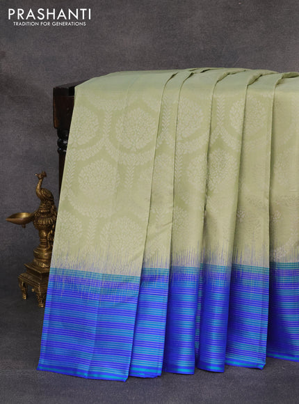 Pure soft silk saree pista green and blue with allover silver zari weaves and zari line border