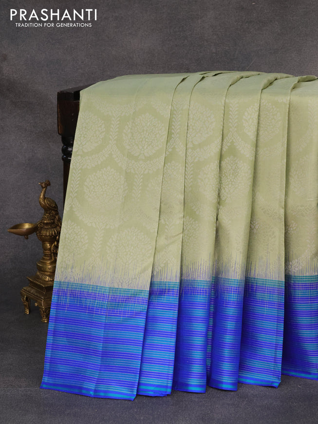 Pure soft silk saree pista green and blue with allover silver zari weaves and zari line border