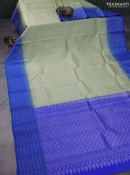Pure soft silk saree pista green and blue with allover silver zari weaves and zari line border