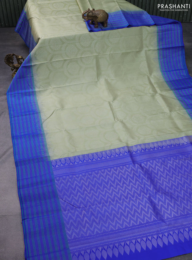 Pure soft silk saree pista green and blue with allover silver zari weaves and zari line border