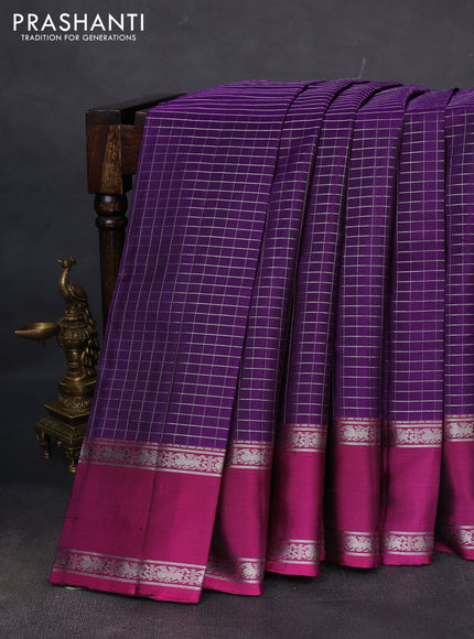 Pure soft silk saree violet and dark magenta pink with allover silver zari checks and rettapet silver zari woven border