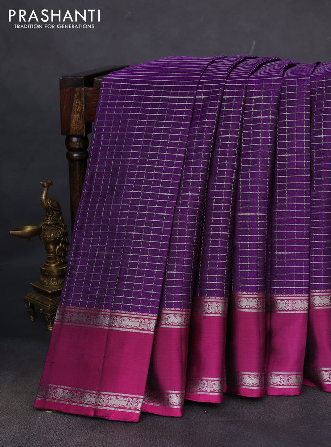 Pure soft silk saree violet and dark magenta pink with allover silver zari checks and rettapet silver zari woven border