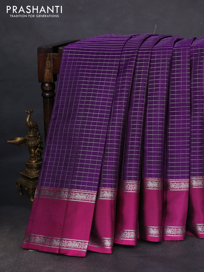 Pure soft silk saree violet and dark magenta pink with allover silver zari checks and rettapet silver zari woven border
