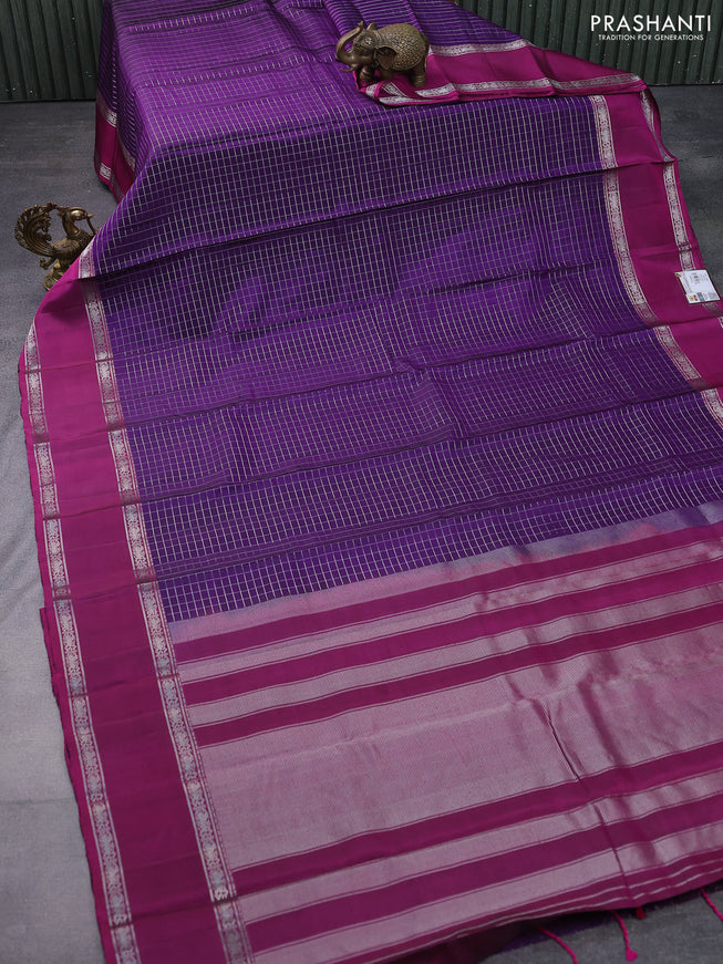 Pure soft silk saree violet and dark magenta pink with allover silver zari checks and rettapet silver zari woven border