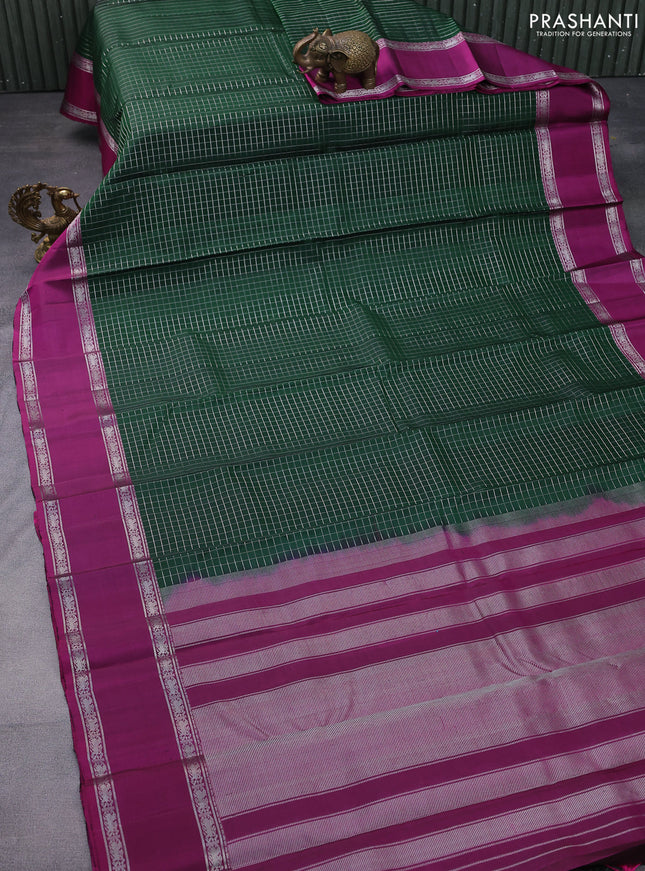 Pure soft silk saree green and dark magenta pink with allover silver zari checks and rettapet silver zari woven border