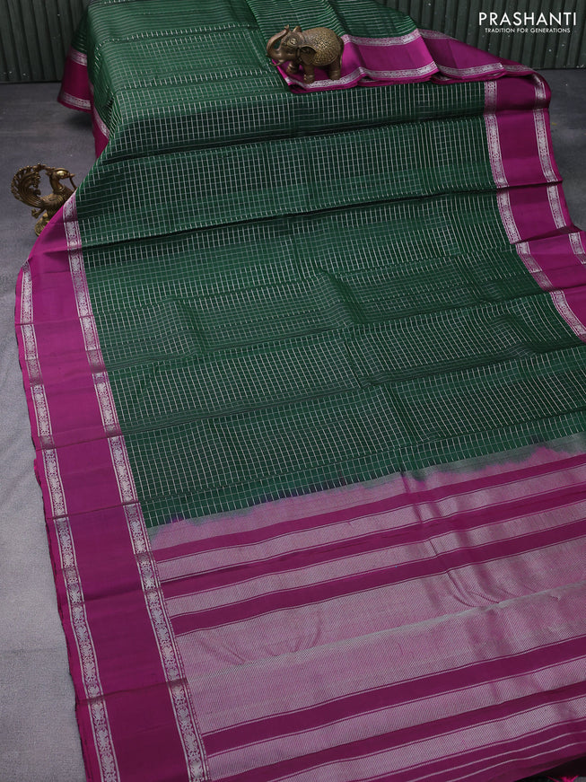 Pure soft silk saree green and dark magenta pink with allover silver zari checks and rettapet silver zari woven border