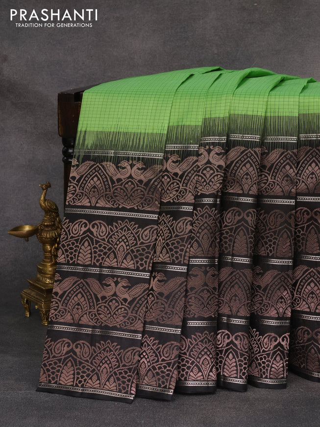Pure soft silk saree light green and black with allover thread checked pattern and long zari woven border