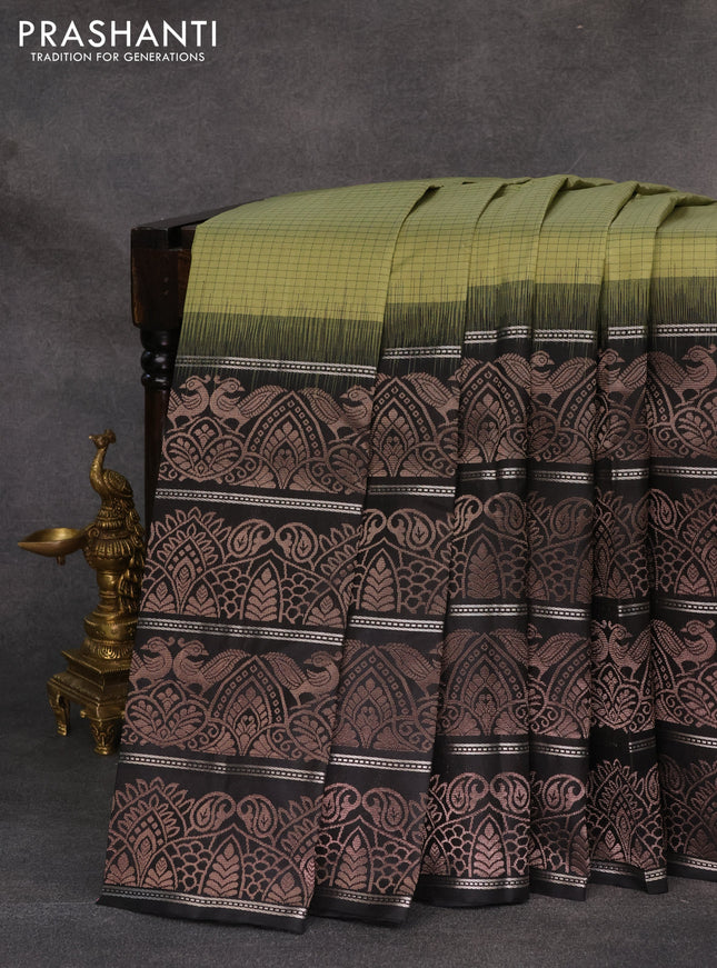 Pure soft silk saree pastel green and black with allover thread checked pattern and long zari woven border