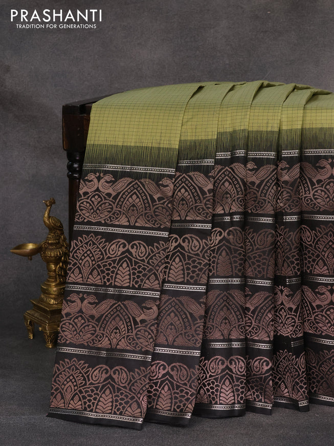 Pure soft silk saree pastel green and black with allover thread checked pattern and long zari woven border