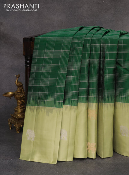 Pure soft silk saree green and pista green with allover silver zari checked pattern and zari woven butta border