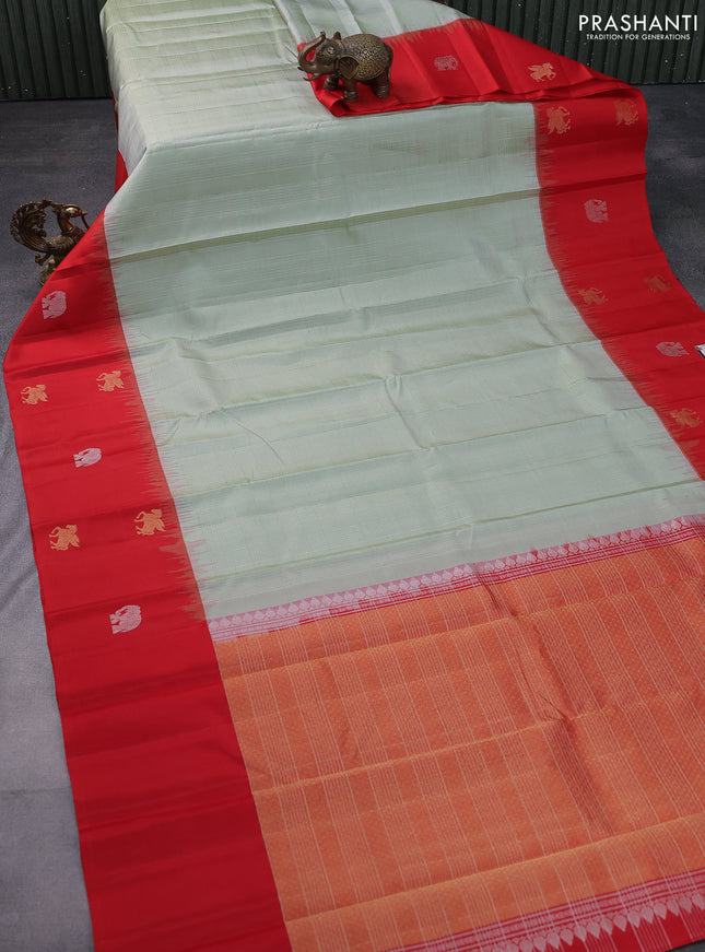 Pure soft silk saree pastel green and red with allover silver zari checked pattern and zari woven butta border