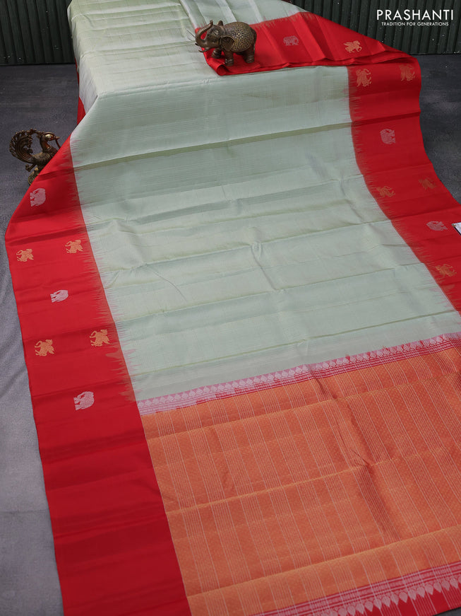 Pure soft silk saree pastel green and red with allover silver zari checked pattern and zari woven butta border