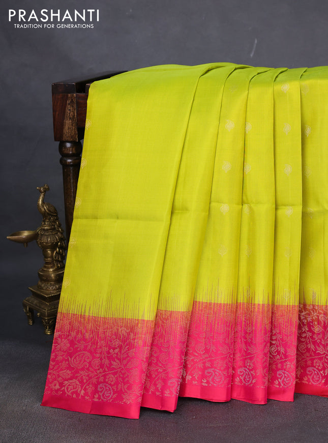 Pure soft silk saree lime green and pink with silver and zari woven paisley buttas and zari woven border