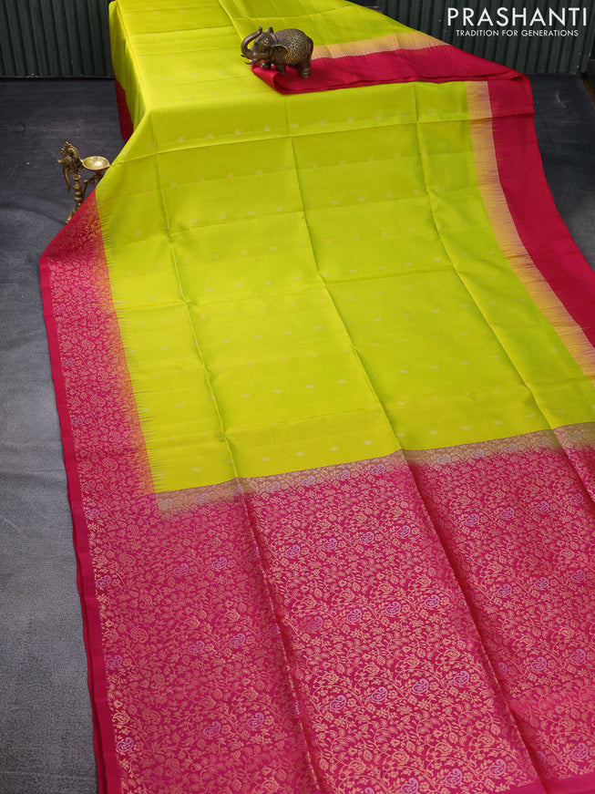 Pure soft silk saree lime green and pink with silver and zari woven paisley buttas and zari woven border