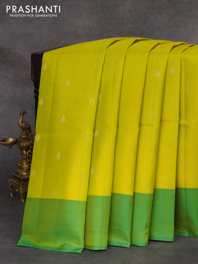 Pure soft silk saree lime yellow and green with zari woven buttas and simple border