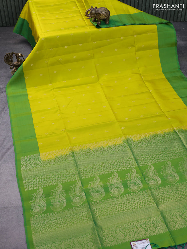 Pure soft silk saree lime yellow and green with zari woven buttas and simple border