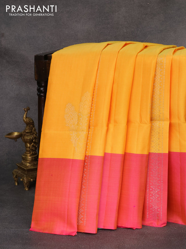 Pure soft silk saree yellow and dual shade of pink with zari weaves & buttas and zari woven butta border