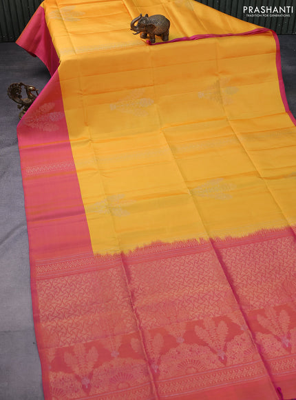 Pure soft silk saree yellow and dual shade of pink with zari weaves & buttas and zari woven butta border
