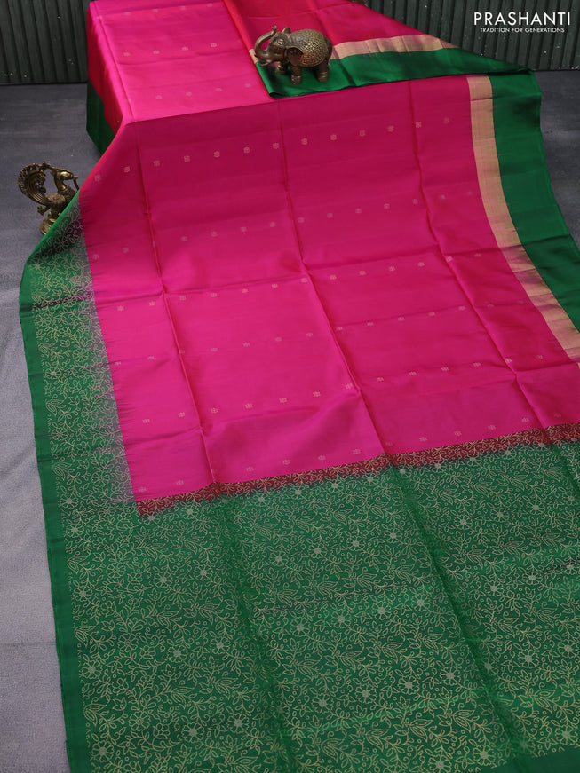 Pure soft silk saree dual shade of pink and green with allover zari woven buttas and zari woven border