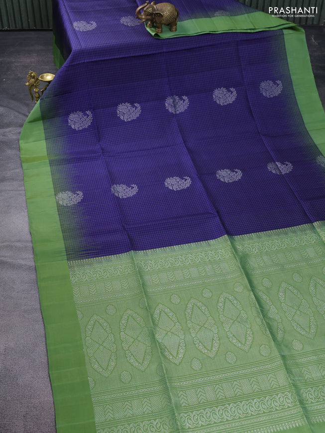 Pure soft silk saree blue and pastel green with allover checked pattern & zari woven buttas and simple border