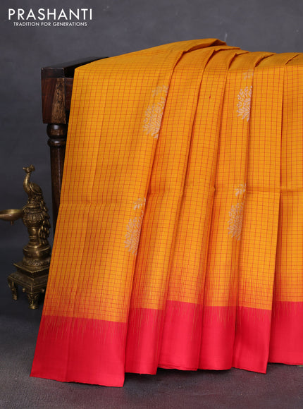Pure soft silk saree red and mustard yellow with allover checked pattern & zari woven buttas and simple border