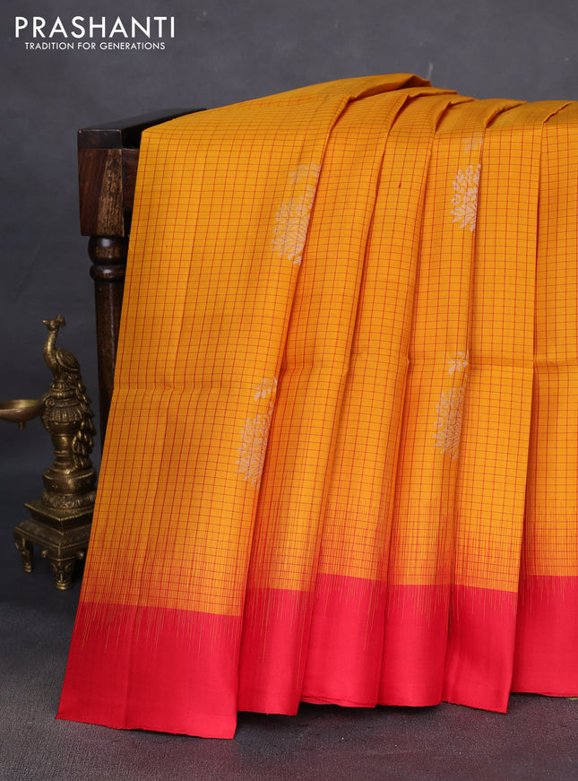 Pure soft silk saree red and mustard yellow with allover checked pattern & zari woven buttas and simple border