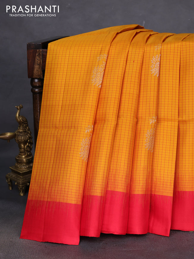 Pure soft silk saree red and mustard yellow with allover checked pattern & zari woven buttas and simple border