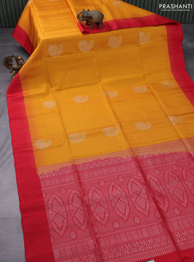 Pure soft silk saree red and mustard yellow with allover checked pattern & zari woven buttas and simple border