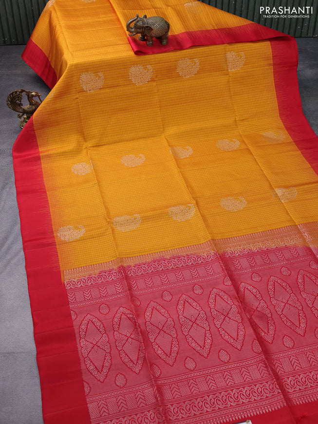 Pure soft silk saree red and mustard yellow with allover checked pattern & zari woven buttas and simple border
