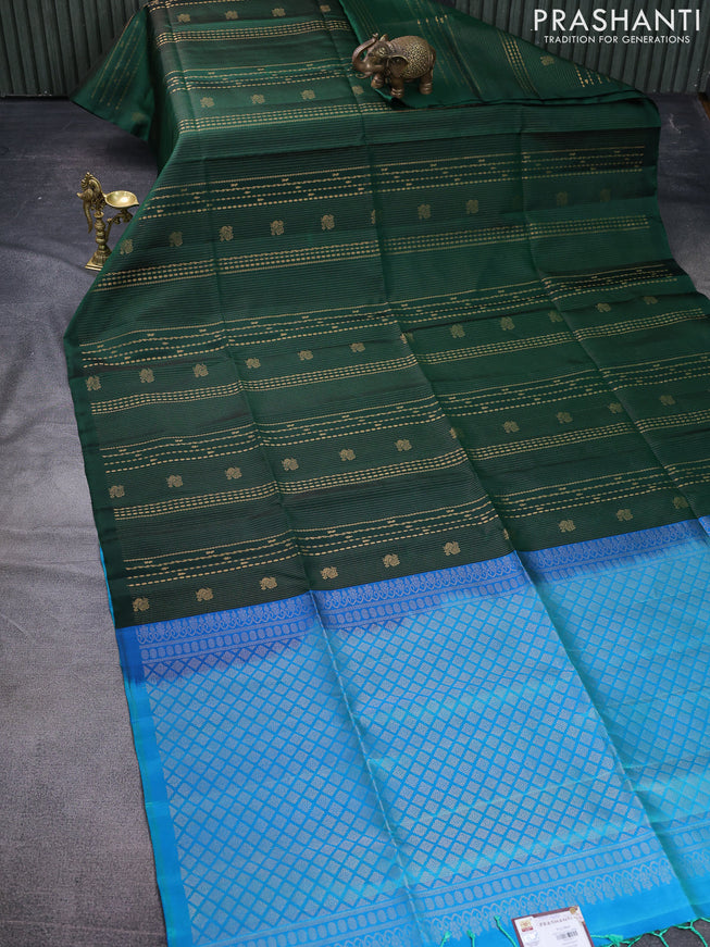 Pure soft silk saree green and dual shade of bluish green with allover zari weaves in borderless style