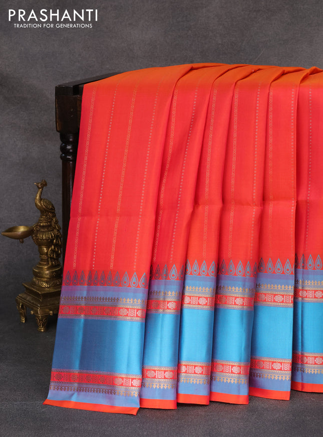 Pure soft silk saree peach pink and cs blue with allover silver and gold zari weaves and rettapet zari woven border