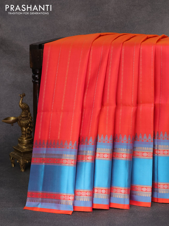 Pure soft silk saree peach pink and cs blue with allover silver and gold zari weaves and rettapet zari woven border