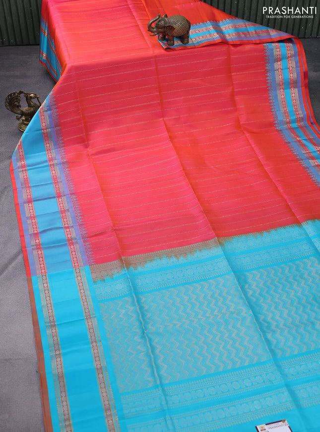 Pure soft silk saree peach pink and cs blue with allover silver and gold zari weaves and rettapet zari woven border