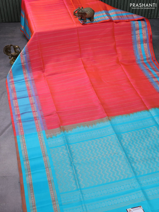 Pure soft silk saree peach pink and cs blue with allover silver and gold zari weaves and rettapet zari woven border